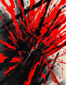 Jagged red lines and sharp shapes intertwining, expressing the intensity and chaos of rage