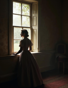 Jane Eyre gazing out the window of Thornfield Hall, longing for freedom and independence