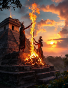 Mayan priests performing a ritual sacrifice atop a pyramid, with the sun setting in the background