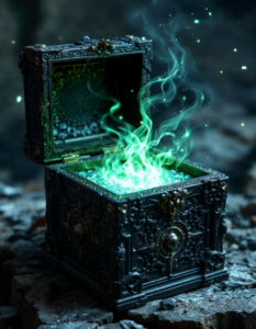 Pandora’s Box, adorned with intricate carvings and emitting a mysterious glow