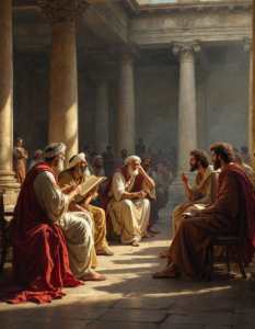 Philosophers debating in the Agora, engaging in lively discussions about knowledge and virtue