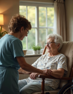 Senior citizen receiving care in a nursing home, covered by long-term care insurance, illustrates the support provided by specialized insurance for aging populations