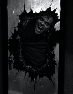 The Here’s Johnny! scene from The Shining, with Jack Nicholson’s terrifying grin as he breaks through the door