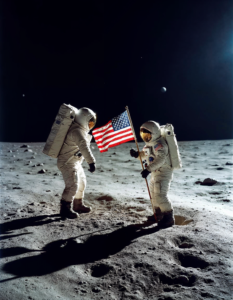 The moon landing, showcasing the astronauts planting the American flag on the lunar surface