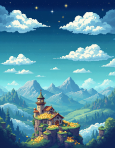 8-bit style video game elements like clouds, coins, and pixelated landscapes