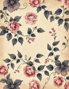 A Victorian-inspired floral pattern with faded roses and curling leaves on a parchment background