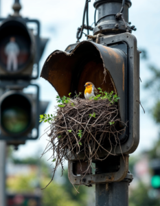 A bird’s nest built inside a broken traffic light, symbolizing the resilience of nature in urban environments