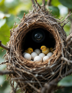 A bird’s nest with a surveillance camera hidden inside, monitoring the hatching of eggs and the growth of chicks