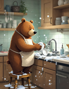 A brown bear wearing an apron stands on a stool, meticulously washing dishes in a kitchen sink, with bubbles and suds everywhere