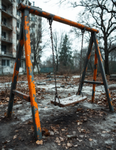 A child’s swing set abandoned in a war-torn playground, a haunting reminder of a lost childhood