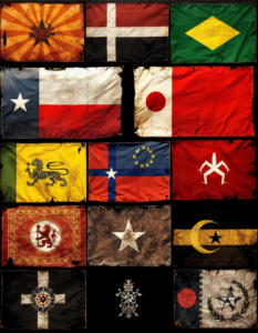 A collection of historical flags from different eras, illustrating the evolution of flag design and symbolism over time