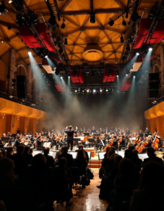 A concert hall with an orchestra playing a symphony, the music enveloping the audience and creating an emotional experience