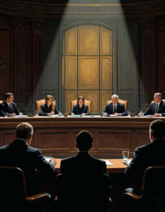 A courtroom scene with a jury deliberating a complex case, weighing evidence and moral considerations