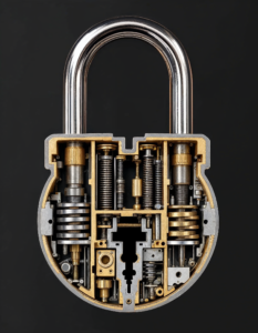 A cross-section of a padlock, revealing the pins, springs, and tumblers that must be aligned to open it