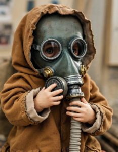 A doll clutching a gas mask, representing the fear and vulnerability of children in war zones