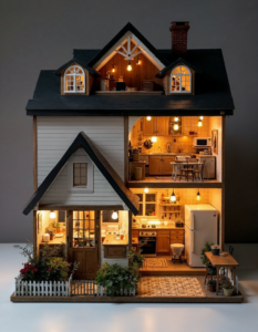 A dollhouse with working lights and miniature appliances, adding a touch of realism