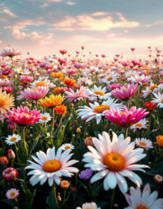 A field of flowers where half are real and half are mechanical replicas