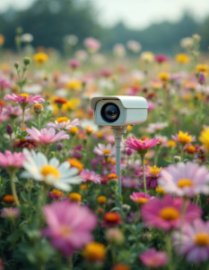 A field of wildflowers with a surveillance camera hidden amongst the blooms, its lens disguised as a flower