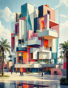 A futuristic building rendered in cubist style, with overlapping transparent planes and bold geometric structures