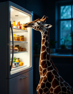 A giraffe craning its long neck into a refrigerator, trying to snag a midnight snack from the top shelf