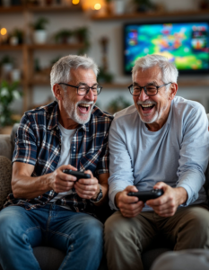 A grandparent and grandchild playing a cooperative video game together, laughing and strategizing as a team