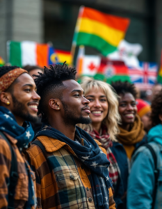 A group of people from different cultures holding their respective flags, illustrating unity and diversity