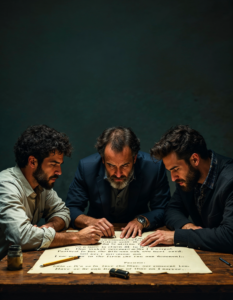 A group of people huddled around a table, examining a cryptic message and trying to decipher its hidden clues