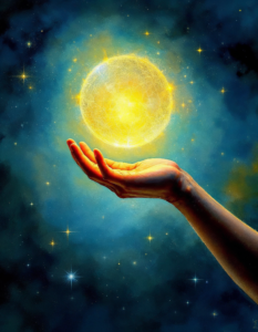 A hand reaching out to touch a glowing orb, symbolizing the yearning for knowledge and understanding