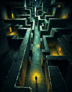 A labyrinthine escape room with multiple interconnected rooms and hidden passages, creating a sense of adventure and exploration