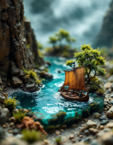 A miniature diorama depicting a scene from Bran’s boat sailing towards an island shrouded in mist, fantastical creatures swimming nearby, bringing the story to life in a tiny world