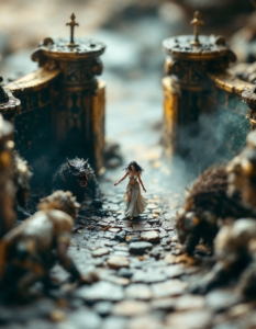 A miniature diorama depicting a scene from Ishtar passing through gates guarded by fearsome creatures, each gate stripping her of finery, bringing the story to life in a tiny world