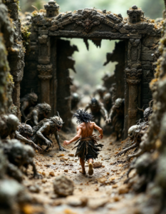 A miniature diorama depicting a scene from Izanagi fleeing the underworld, pursued by rotting Izanami and demons, a crumbling gate behind him, bringing the story to life in a tiny world