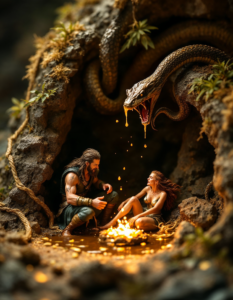 A miniature diorama depicting a scene from Loki struggling against bonds in a cave, a serpent above dripping poison, a terrified woman catching the drops