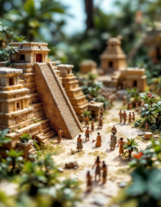 A miniature diorama depicting a scene from Mayan pyramid temple, with priests performing rituals, or a scene depicting the hero twins from the Popol Vuh, bringing the story to life in a tiny world