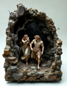 A miniature diorama depicting a scene from Orpheus playing his lyre, leading Eurydice through a shadowy landscape, Hades watching in the background, bringing the story to life in a tiny world