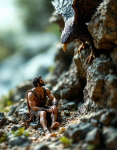 A miniature diorama depicting a scene from Prometheus bound to a craggy rock, a giant eagle’s shadow looming over him, bringing the story to life in a tiny world