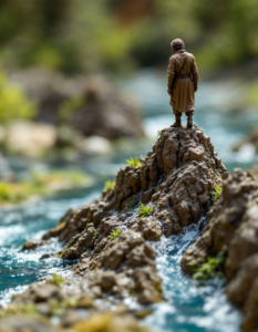 A miniature diorama depicting a scene from Raging waters, a lone ark or figure clinging to a mountaintop, bringing the story to life in a tiny world