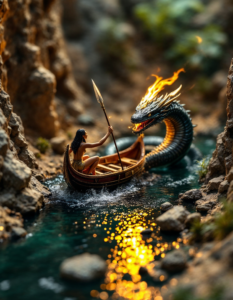 A miniature diorama depicting a scene from Ra’s boat on a river of darkness, battling a giant serpent (Apep) with a spear of light, bringing the story to life in a tiny world