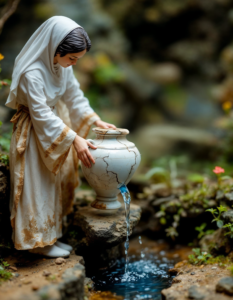 A miniature diorama depicting a scene from Sisters in a line, each pouring water into a beautiful but cracked urn, water flowing out the bottom, bringing the story to life in a tiny world