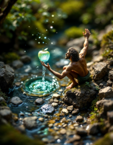 A miniature diorama depicting a scene from Tantalus reaching for a shimmering apple just out of grasp, water just below his fingertips draining away, bringing the story to life in a tiny world