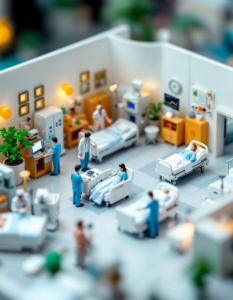 A miniature hospital with tiny beds, medical equipment, and doctors and nurses attending to miniature patients