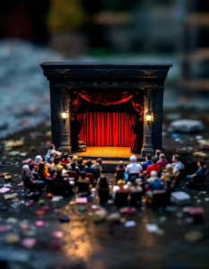 A miniature theater with a tiny stage, curtains, and audience, waiting for a miniature performance to begin