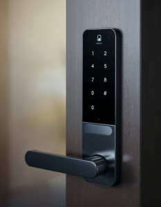 A modern electronic lock with a keypad and fingerprint scanner, showcasing advancements in security technology