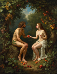 A paradise with Adam and Eve tempted by the forbidden fruit, representing the loss of innocence and the consequences of choice