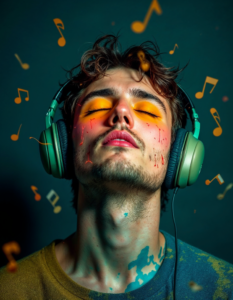 A person listening to music with their eyes closed, their body language and facial expressions reflecting the emotional impact of the music