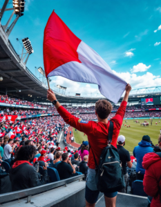 A person proudly waving their national flag at a sporting event or celebration, expressing their patriotism and cultural pride