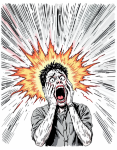 A person reacting with fear to a sudden loud noise, highlighting the instinctive response to alarming sounds