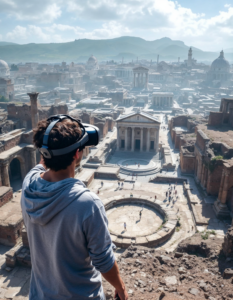 A person wearing a VR headset exploring the ruins of Pompeii, with digital reconstructions of the city overlaid on the real-world environment