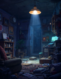 A player searching for a hidden key in a cluttered room, carefully examining every nook and cranny