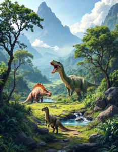 A prehistoric scene with dinosaurs roaming a lush landscape